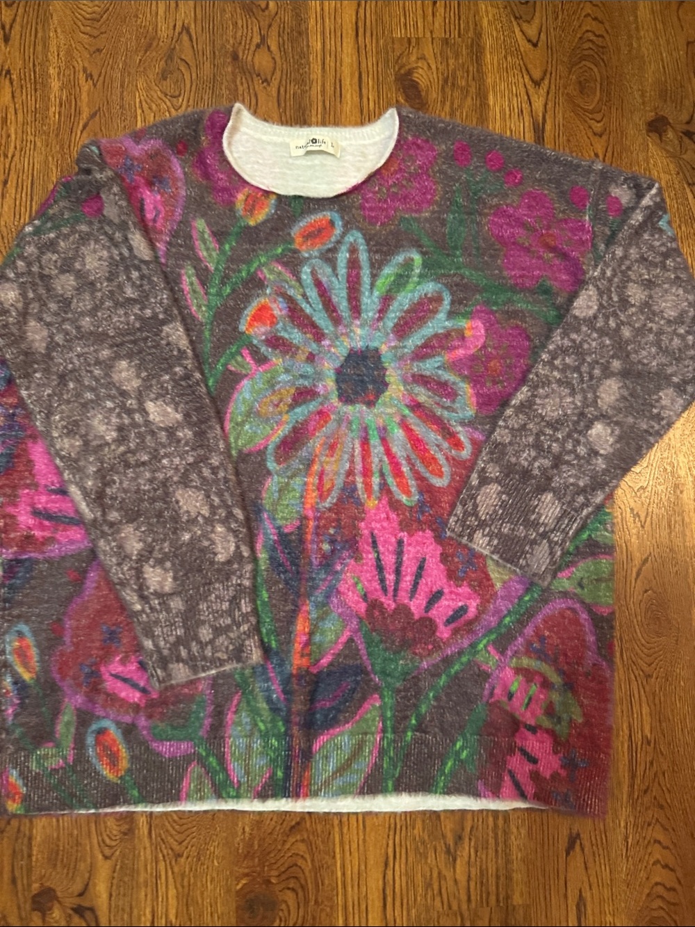 NATURAL LIFE Purple Floral Crewneck Sweater with Multicolor Blooms